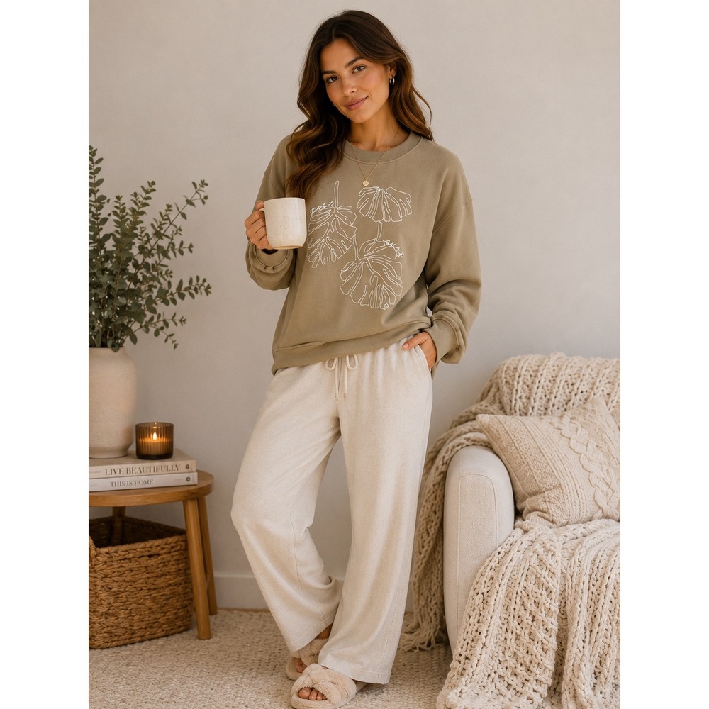 Post Surf Womens Monstera Leaf Graphic Sweatshirt Tan Beige Crew Neck Size L